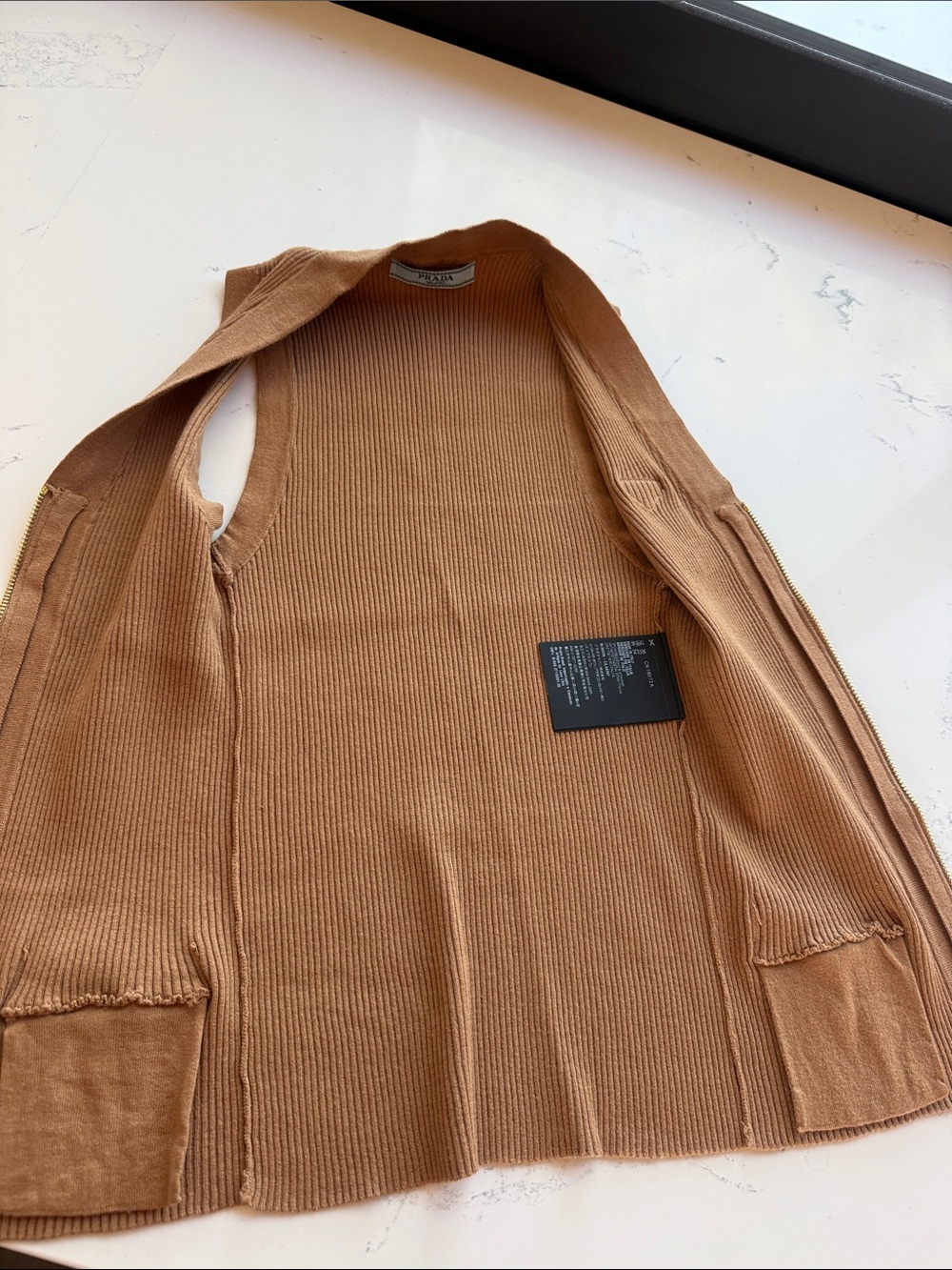 Prada Ribbed Knit Sleeveless Zip Vest Cardigan Brown Camel Leather Logo Plaque - Picture 10 of 16